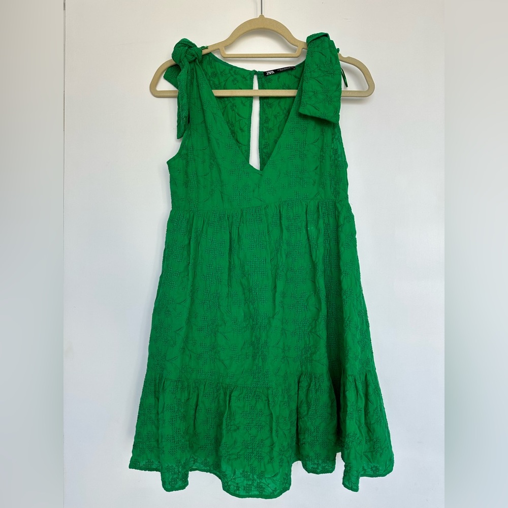 Green Embroidered Bow Dress